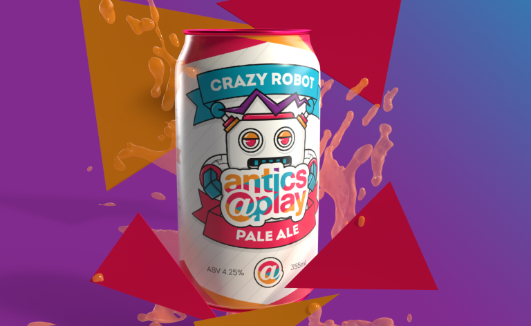 3D mock-up of antics branded beer can against a purple ombre background
