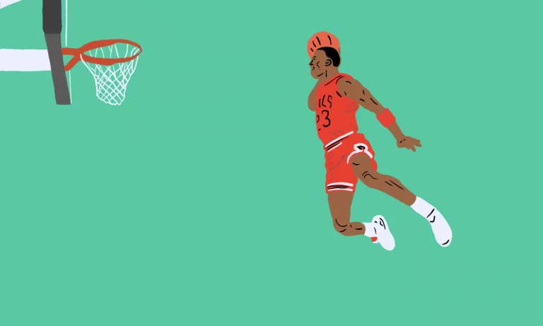 An illustration of Michael Jordan making a slam dunk.