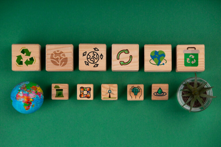 Overhead view of wooden blocks with various sustainability symbols printed on them, arranged next to a small globe and a glass pot with a succulent plant on a green background."