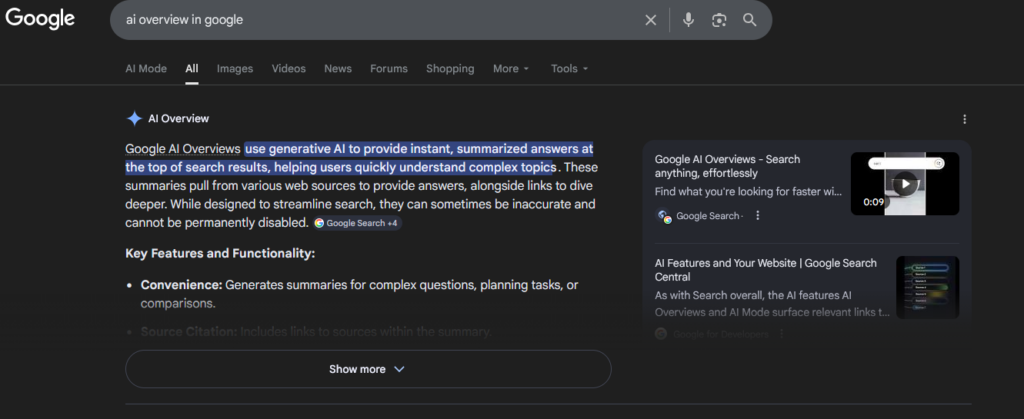 An AI summary on Google talking about its AI overview